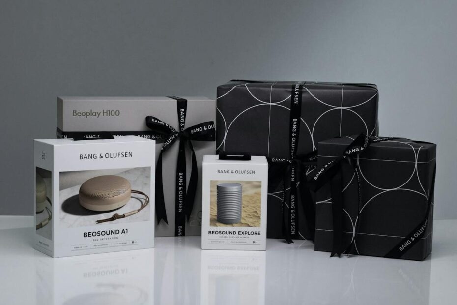 Sophisticated Bang & Olufsen gift packaging with Beosound speakers.